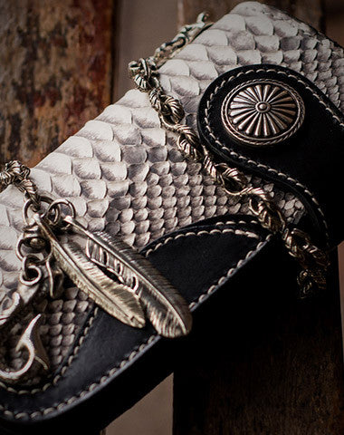 Handmade biker wallet black white leather boa snakeskin biker wallet Long wallet for men - EverHandmade