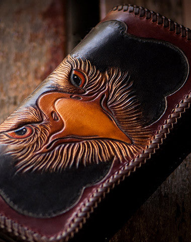 Handmade biker wallet black brown leather eagle carved biker wallet bifold long wallet for men - EverHandmade