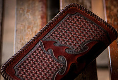 Handmade biker wallet black brown leather eagle carved biker wallet bifold long wallet for men - EverHandmade