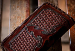 Handmade biker wallet black brown leather eagle carved biker wallet bifold long wallet for men