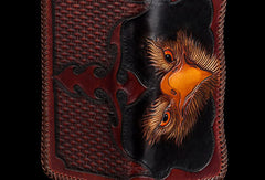 Handmade biker wallet black brown leather eagle carved biker wallet bifold long wallet for men - EverHandmade