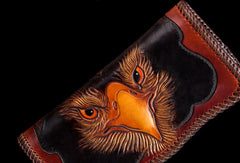 Handmade biker wallet black brown leather eagle carved biker wallet bifold long wallet for men - EverHandmade