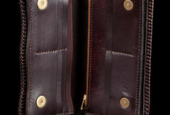 Handmade biker wallet black brown leather eagle carved biker wallet bifold long wallet for men - EverHandmade