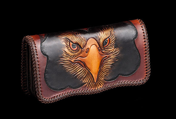 Handmade red brown leather floral eagle carved biker wallet bifold lon