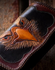 Handmade biker wallet black brown leather eagle carved biker wallet bifold long wallet for men - EverHandmade