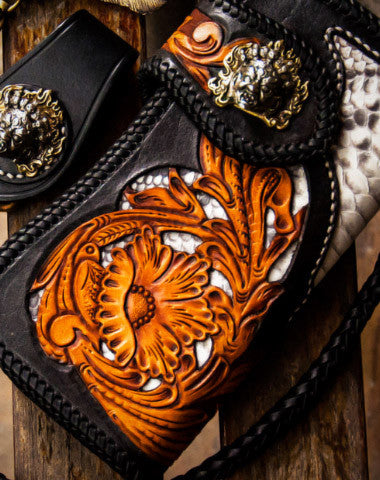 Handmade leather biker trucker wallet black floral leather chain men Carved Tooled wallet - EverHandmade