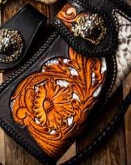 Handmade leather biker trucker wallet black floral leather chain men Carved Tooled wallet - EverHandmade