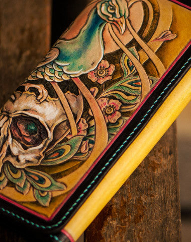 Handmade leather long tooled wallet yellow skull peacock men clutch wallet - EverHandmade