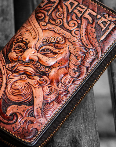 Handmade leather Sea God biker wallet clutch zip long wallet brown leather men Tooled