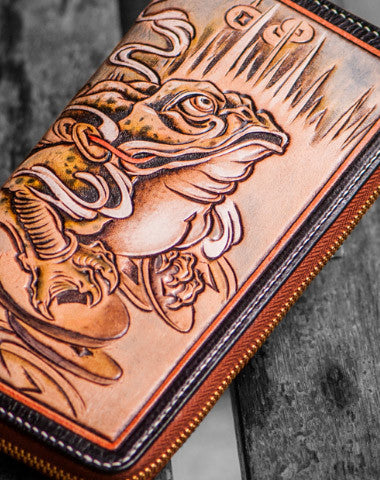 Handmade leather brown toad biker wallet clutch zip long wallet brown leather men Tooled