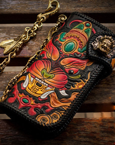 Handmade leather biker trucker wallet monster leather chain men Black Carved Tooled wallet - EverHandmade