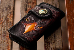 Handmade red brown leather floral eagle carved biker wallet bifold long wallet for men