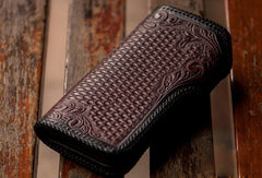 Handmade red brown leather floral eagle carved biker wallet bifold long wallet for men