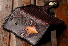 Handmade red brown leather floral eagle carved biker wallet bifold long wallet for men