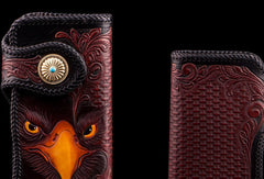Handmade red brown leather floral eagle carved biker wallet bifold long wallet for men