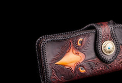 Handmade red brown leather floral eagle carved biker wallet bifold long wallet for men