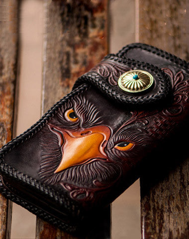 Handmade red brown leather floral eagle carved biker wallet bifold lon