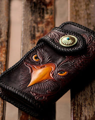 Handmade red brown leather floral eagle carved biker wallet bifold long wallet for men