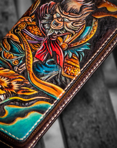 Handmade leather black monkey king biker wallet clutch zip long wallet brown leather men Tooled - EverHandmade