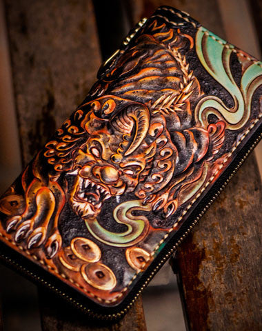 Handmade leather mythical wild animal biker wallet long wallet black leather men phone