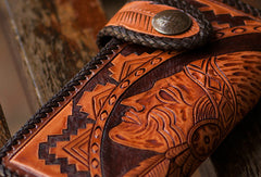 Handmade brown coffee leather indian carved biker wallet bifold long wallet for men