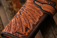 Handmade brown coffee leather indian carved biker wallet bifold long wallet for men