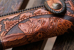 Handmade brown coffee leather indian carved biker wallet bifold long wallet for men