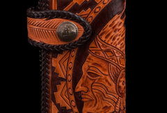 Handmade brown coffee leather indian carved biker wallet bifold long wallet for men