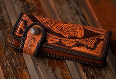 Handmade brown coffee leather indian carved biker wallet bifold long wallet for men