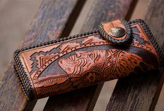 Handmade brown coffee leather indian carved biker wallet bifold long wallet for men