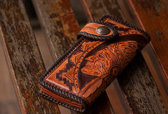 Handmade brown coffee leather indian carved biker wallet bifold long wallet for men