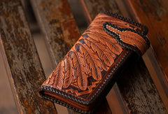 Handmade brown coffee leather indian carved biker wallet bifold long wallet for men