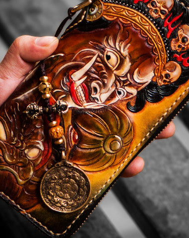 Handmade leather God Mahakala clutch zip long wallet black leather men Tooled