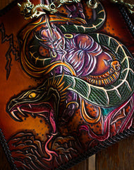 Handmade leather biker trucker wallet leather chain men Snake Brown Carved Tooled wallet