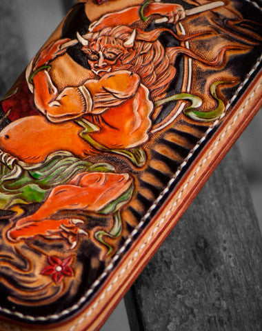 Handmade leather long tooled wallet black Thor men Carved Tooled wallet