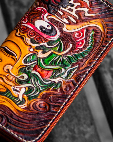 Handmade leather long tooled wallet Brown Buddha devil men clutch wallet