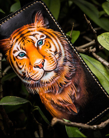 Handmade leather tiger biker wallet long wallet black leather men phone