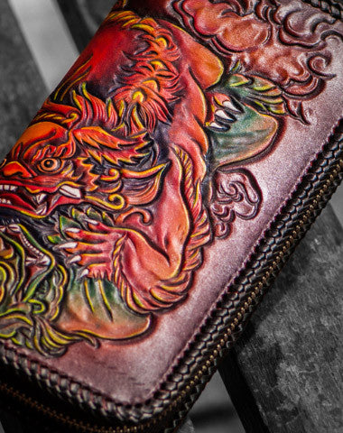 Handmade leather Tonlion clutch zip long wallet black leather men Tooled - EverHandmade