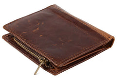 Vintage Bifold Coffee genuine Leather billfold wallet For Men Zipper photo card holder - EverHandmade