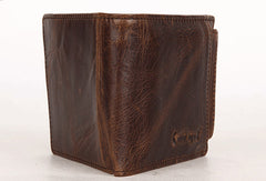 Vintage Bifold Coffee genuine Leather billfold wallet For Men Zipper photo card holder - EverHandmade
