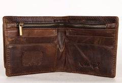 Vintage Bifold Coffee genuine Leather billfold wallet For Men Zipper photo card holder - EverHandmade