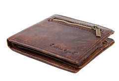Leather Men billfold wallet Coffee vintage trifold multi cards billfold wallet zip for Men - EverHandmade