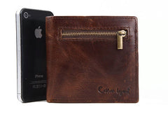 Leather Men billfold wallet Coffee vintage trifold multi cards billfold wallet zip for Men - EverHandmade