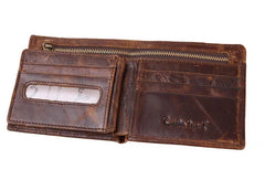 Leather Men billfold wallet Coffee vintage trifold multi cards billfold wallet zip for Men - EverHandmade