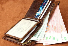 Leather Men billfold wallet Coffee vintage trifold multi cards billfold wallet zip for Men - EverHandmade