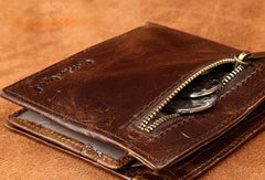 Leather Men billfold wallet Coffee vintage trifold multi cards billfold wallet zip for Men - EverHandmade