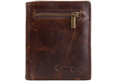 Leather Men billfold wallet Coffee vintage trifold multi cards billfold wallet zip for Men - EverHandmade