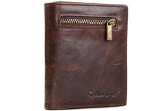 Leather Men billfold wallet Coffee vintage trifold multi cards billfold wallet zip for Men - EverHandmade