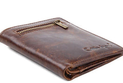 Leather Men billfold wallet Coffee vintage trifold multi cards billfold wallet zip for Men - EverHandmade