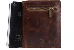Leather Men billfold wallet Coffee vintage trifold multi cards billfold wallet zip for Men - EverHandmade